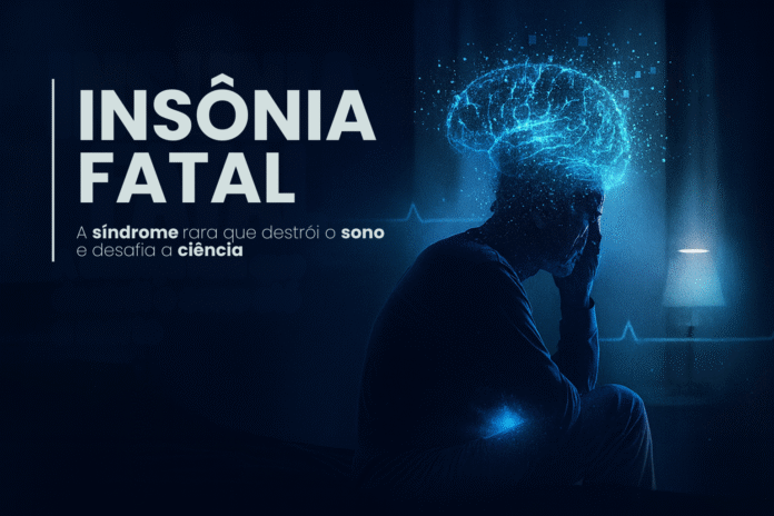 Arte mostra homem exausto sentado na cama, com cérebro digital azul representando degeneração causada pela insônia fatal.