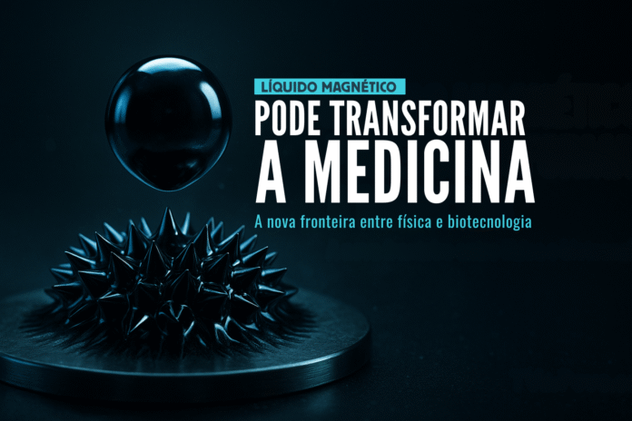 Gota de líquido magnético flutuando sobre ferrofluido azul metálico em ambiente de laboratório