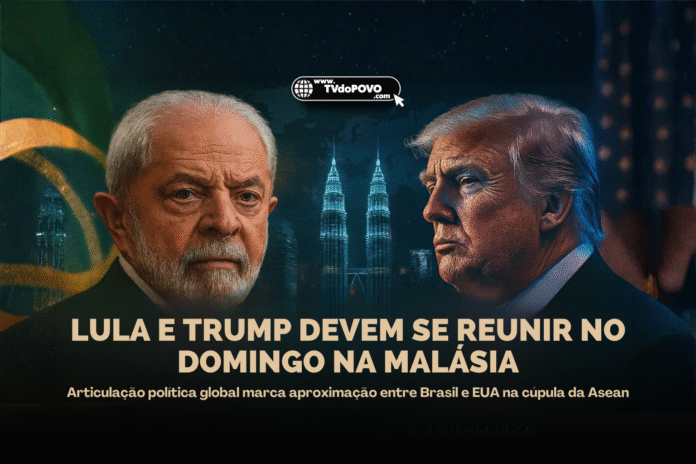 Lula e Trump frente a frente com as Torres Petronas ao fundo, simbolizando o encontro diplomático entre Brasil e Estados Unidos na Malásia.