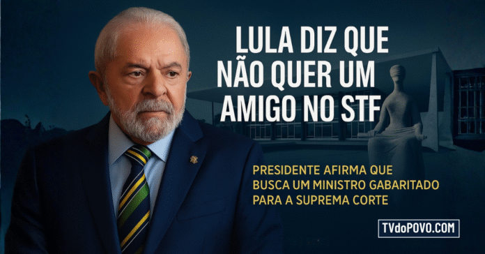 Lula em destaque afirma que não quer um amigo no STF, mas um ministro gabaritado, com fundo do Supremo Tribunal Federal ao entardecer.