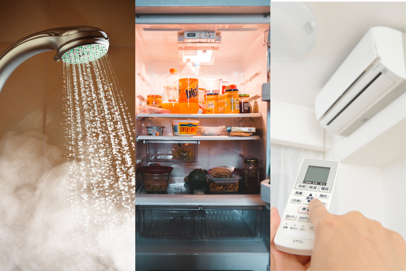 Montagem com chuveiro elétrico, geladeira aberta e controle remoto de ar-condicionado, representando os aparelhos que mais gastam energia nas residências.