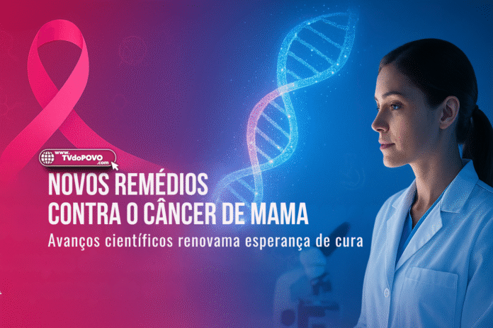 Cientista observa molécula de DNA e fita rosa representando avanços no tratamento do câncer de mama