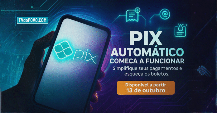 Smartphone exibe o logotipo do Pix com luz neon, simbolizando o início do Pix Automático do Banco Central.