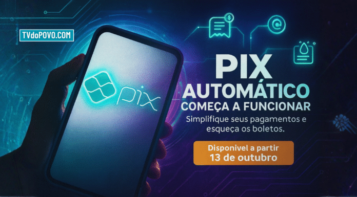 Pix Automático começa a funcionar e transforma pagamentos no Brasil Smartphone exibe o logotipo do Pix com luz neon, simbolizando o início do Pix Automático do Banco Central.