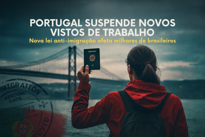 Mulher segura um passaporte diante da Ponte 25 de Abril, em Lisboa, simbolizando a suspensão dos vistos de trabalho em Portugal.