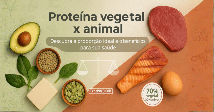 Composição visual mostrando alimentos de origem vegetal e animal lado a lado, simbolizando o equilíbrio nutricional entre proteínas vegetais e animais.