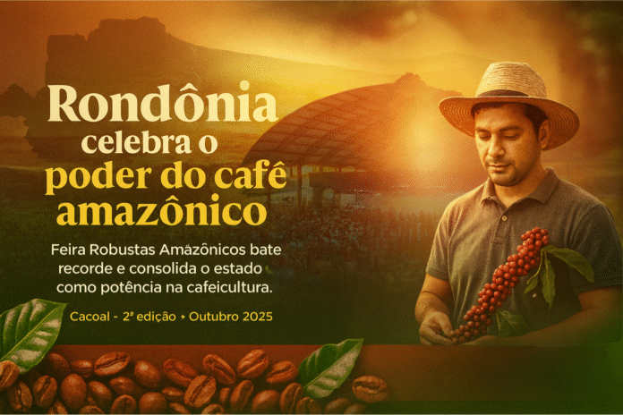 Produtor observa ramo de café robusta em evento da Feira Robustas Amazônicos, que consolida Rondônia como potência na cafeicultura.