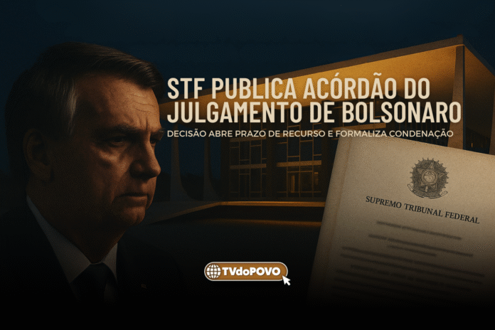 Jair Bolsonaro ao lado do prédio iluminado do Supremo Tribunal Federal e documento do acórdão, representando a decisão judicial.