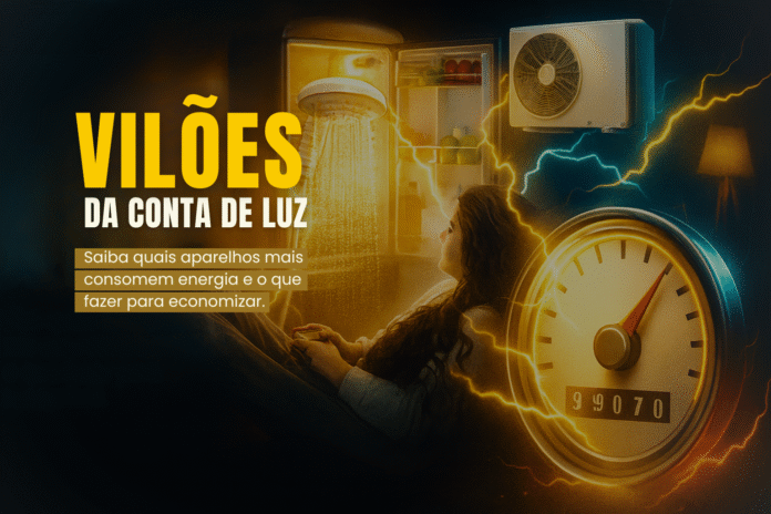 Mulher observa a geladeira aberta com brilho elétrico, enquanto símbolos de chuveiro e ar-condicionado representam os vilões da conta de luz.