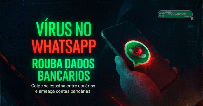 Arte mostra um celular com o ícone do WhatsApp em verde e vermelho, simbolizando vírus digital que rouba dados bancários
