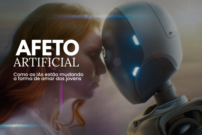 Jovem observa rosto digital projetado no celular, simbolizando afeto artificial entre humanos e inteligências artificiais