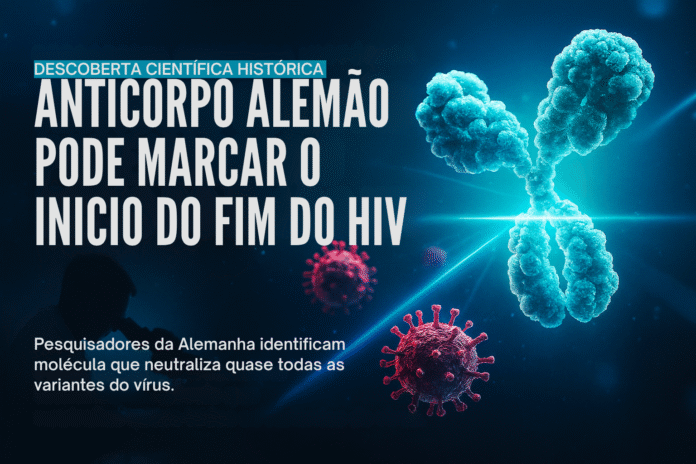 Representação científica mostra anticorpo azul bloqueando vírus HIV em vermelho, simbolizando descoberta alemã que pode marcar o início do fim da doença.