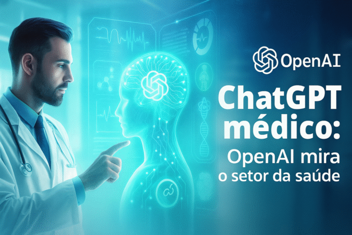 Médico interage com holograma de inteligência artificial representando o ChatGPT em ambiente clínico futurista
