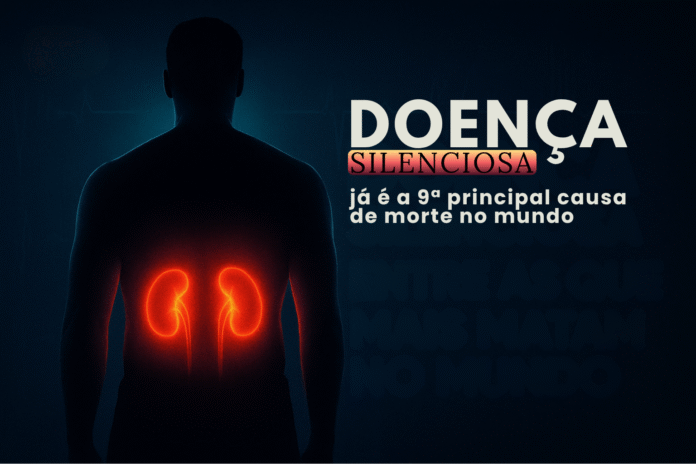 Silhueta humana com rins iluminados em vermelho, simbolizando o alerta sobre a doença renal crônica, uma das que mais matam no mundo.