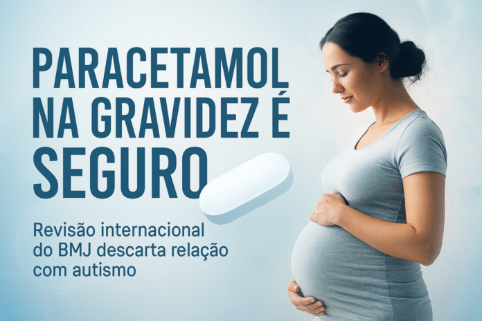 Gestante segura a barriga com serenidade diante de fundo azul e comprimido de paracetamol, com título “Paracetamol na gravidez é seguro”.
