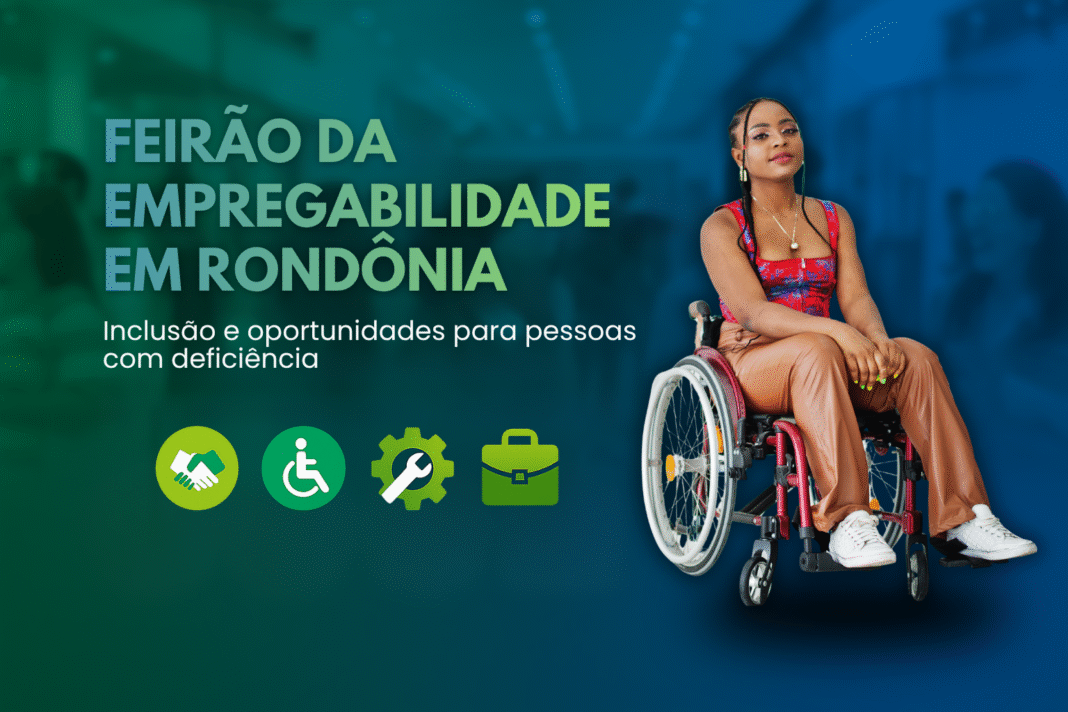 Mulher em cadeira de rodas representa inclusão no Feirão da Empregabilidade em Rondônia, evento que oferece vagas e serviços gratuitos para PcDs.