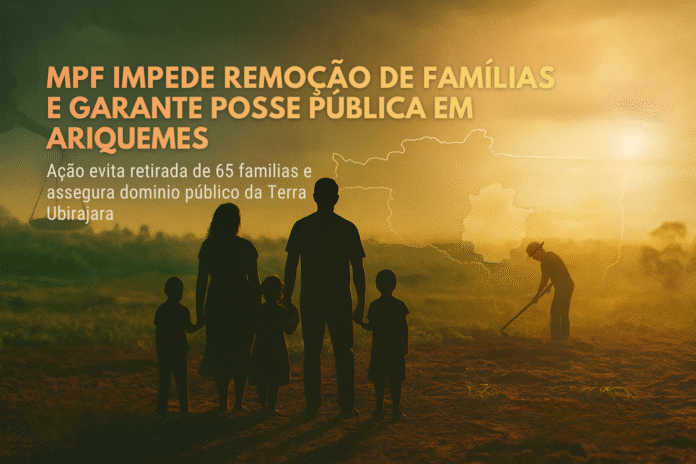 Famílias rurais observam agricultor ao pôr do sol em Ariquemes, simbolizando a atuação do MPF na defesa da posse pública da Terra Ubirajara.