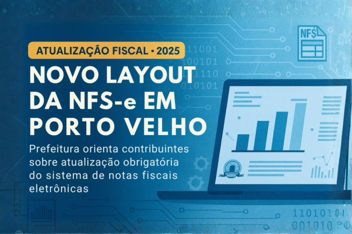 Novo layout da NFS-e em Porto Velho, com arte azul e gráfico digital representando atualização fiscal 2025