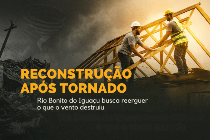Moradores e voluntários trabalham na reconstrução de casas destruídas pelo tornado em Rio Bonito do Iguaçu, no Paraná.