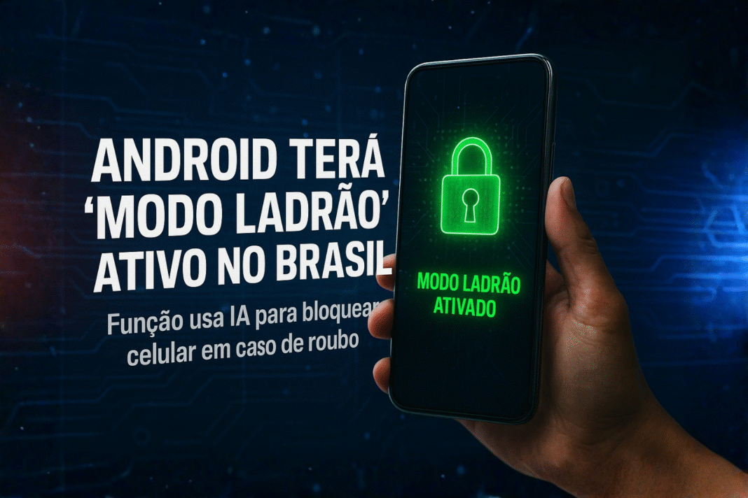 Smartphone exibindo alerta de modo ladrão ativado, representando a nova proteção automática contra roubo em celulares Android no Brasil.