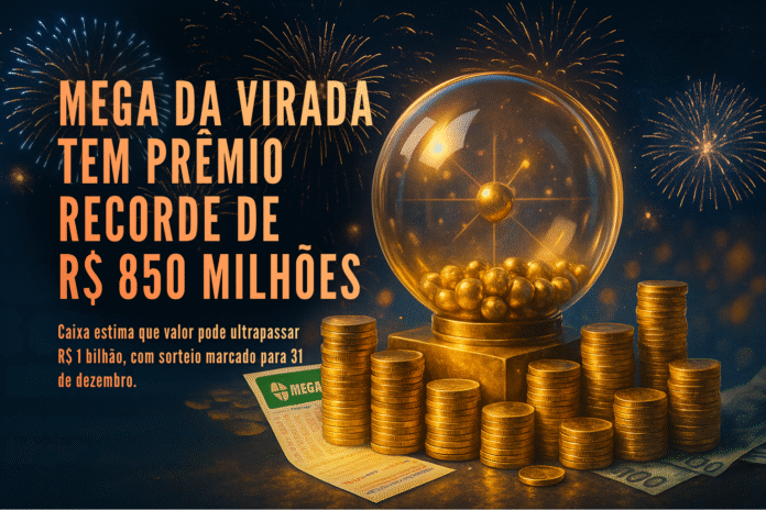 Globo dourado da Mega da Virada ao lado de pilhas de moedas e bilhetes da loteria, com fogos de artifício no fundo e o título “Apostas já podem ser feitas”.