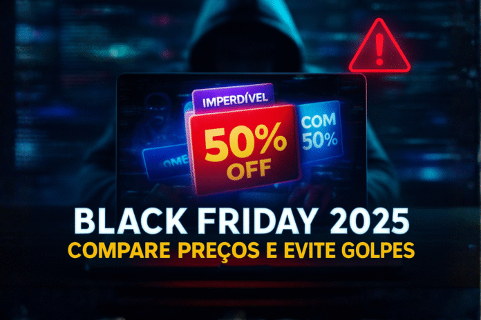 Tela de laptop exibe alerta de segurança digital e anúncios falsos de descontos durante a Black Friday 2025.