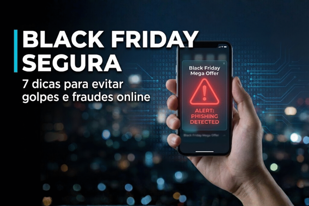 Tela de smartphone exibindo alerta de phishing durante a Black Friday ao lado do título “Black Friday Segura”.