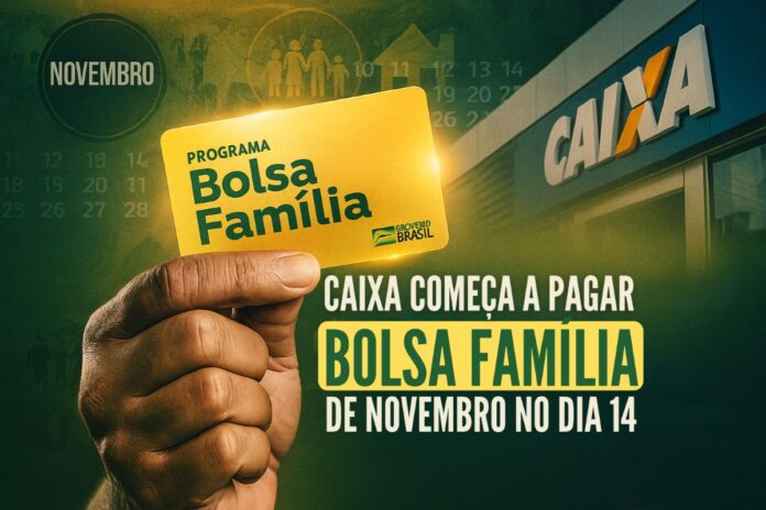 Caixa inicia pagamento do Bolsa Família de novembro no dia 14 Mão segura o cartão do Bolsa Família em frente a agência da Caixa Econômica Federal, representando o início dos pagamentos de novembro de 2025.