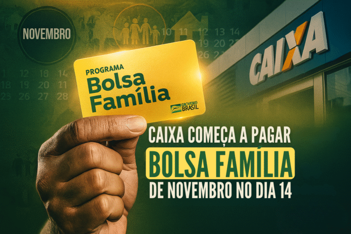 Mão segura o cartão do Bolsa Família em frente a agência da Caixa Econômica Federal, representando o início dos pagamentos de novembro de 2025.