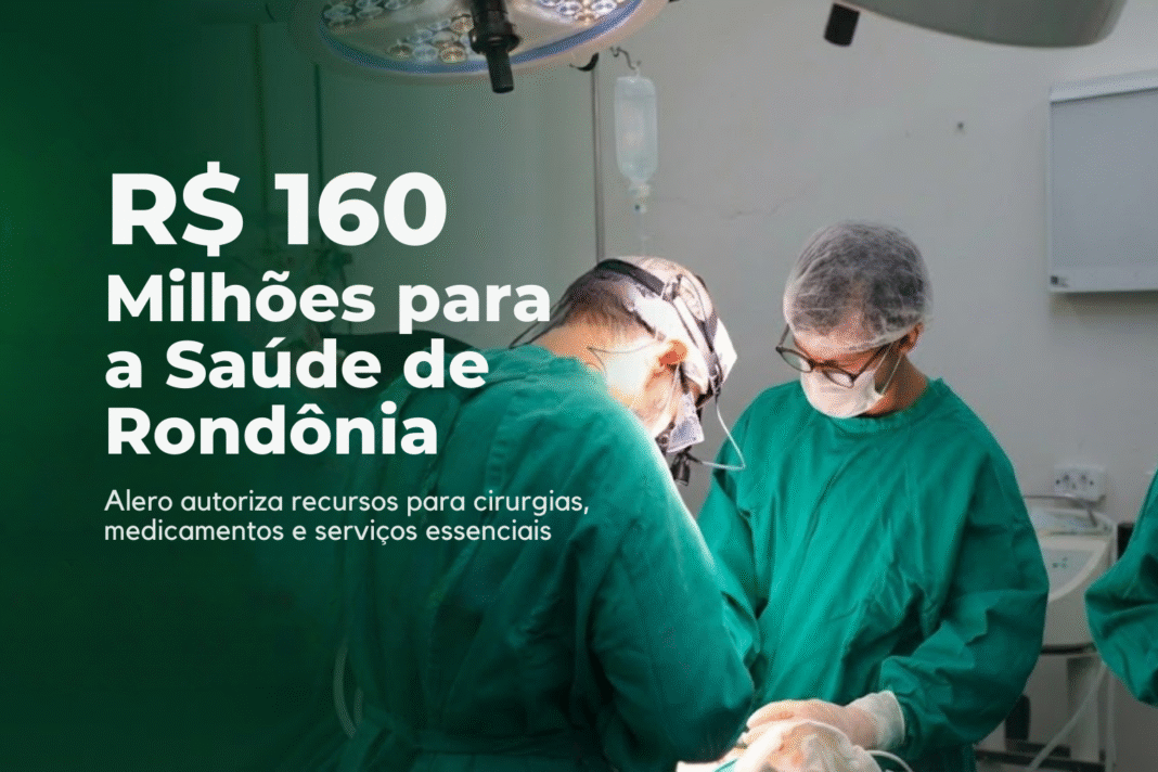 Equipe médica realiza procedimento cirúrgico enquanto título destaca investimento de R$ 160 milhões para a Saúde de Rondônia.