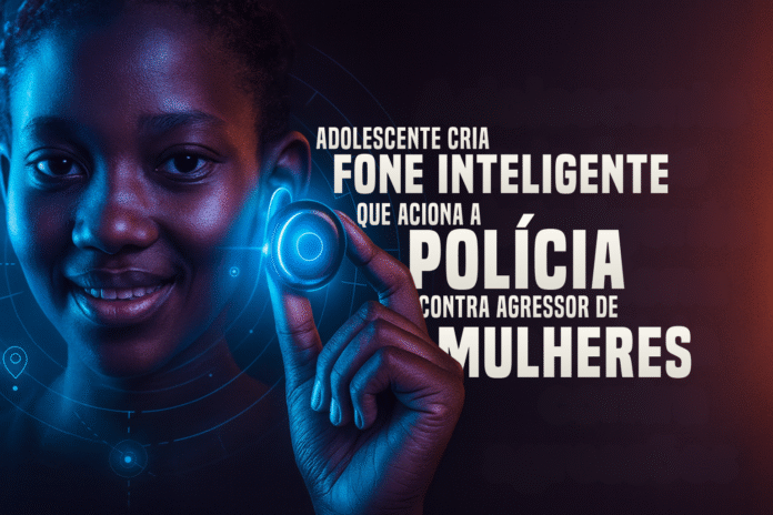 Adolescente segura fone inteligente iluminado com efeito tecnológico, ao lado de título sobre dispositivo que aciona a polícia contra agressões.