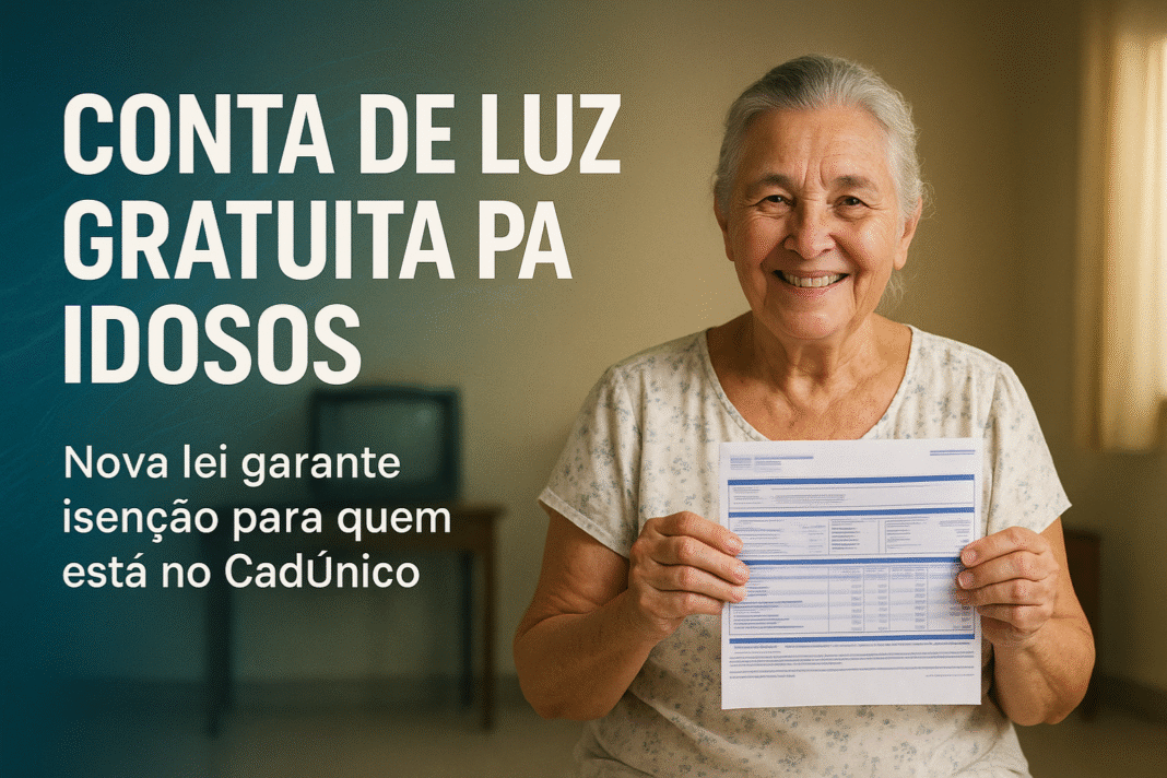 Idosa sorridente segurando uma conta de luz, com título sobre conta de luz gratuita para idosos inscritos no CadÚnico.