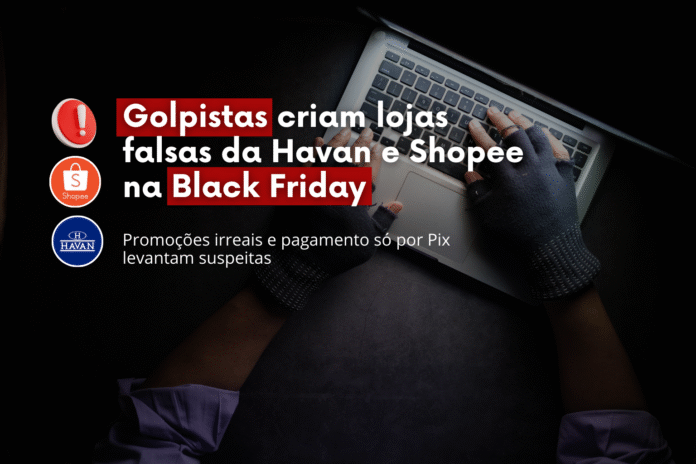 Arte mostra alerta sobre golpes com lojas falsas da Havan e Shopee durante a Black Friday, com hacker digitando em notebook.