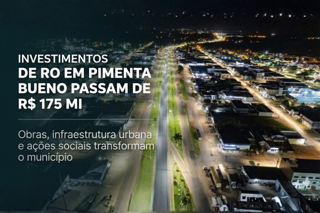 Capa da matéria sobre os investimentos de R$ 175 milhões do Governo de Rondônia em Pimenta Bueno, com imagem aérea noturna da cidade.