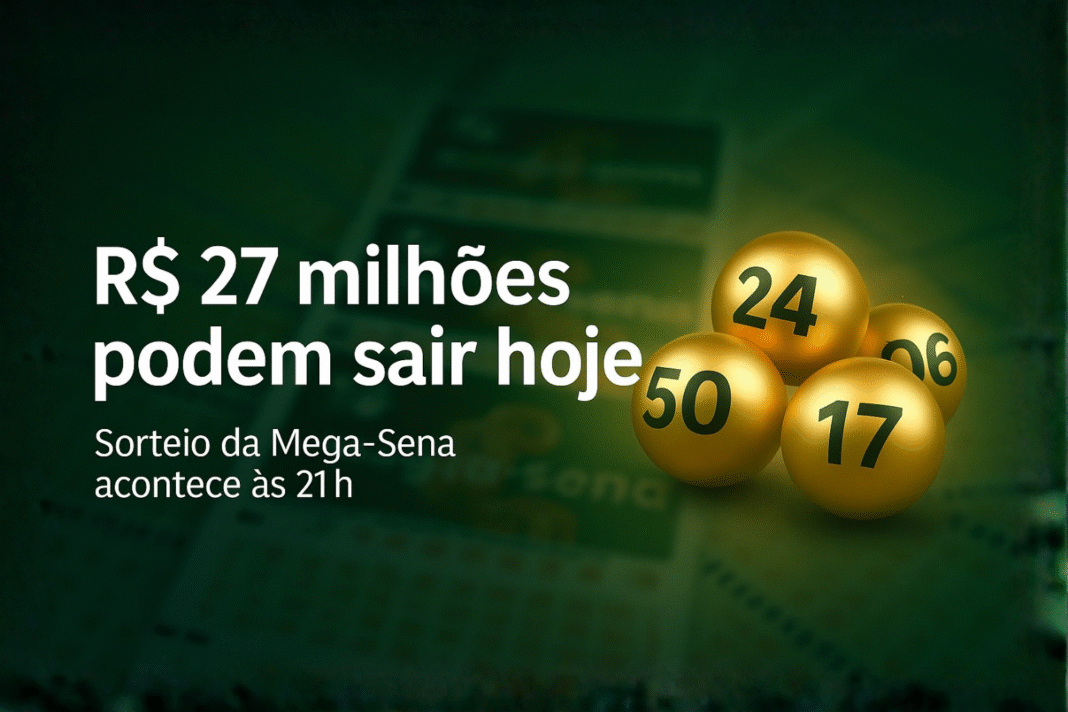 Imagem ilustrativa com bolas douradas de sorteio sobre fundo verde desfocado, destacando o prêmio estimado de R$ 27 milhões da Mega-Sena.
