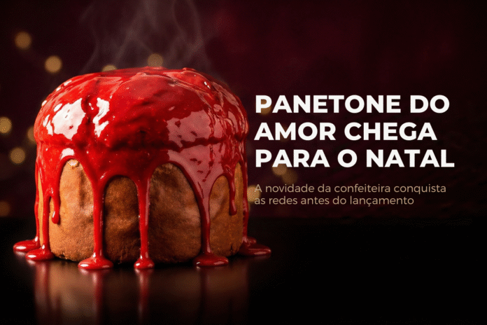 Panetone com calda vermelha brilhante escorrendo, destaque da criação Panetone do Amor.