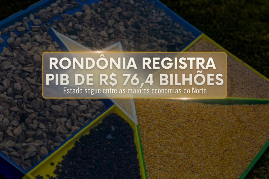 Capa com destaque para Rondônia registrando PIB de R$ 76,4 bilhões, sobre imagem de grãos representando o agronegócio.