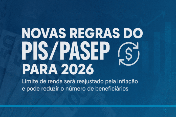 Arte sobre as novas regras do PIS/Pasep para 2026, com fundo azul, notas de reais e ícone de dinheiro.