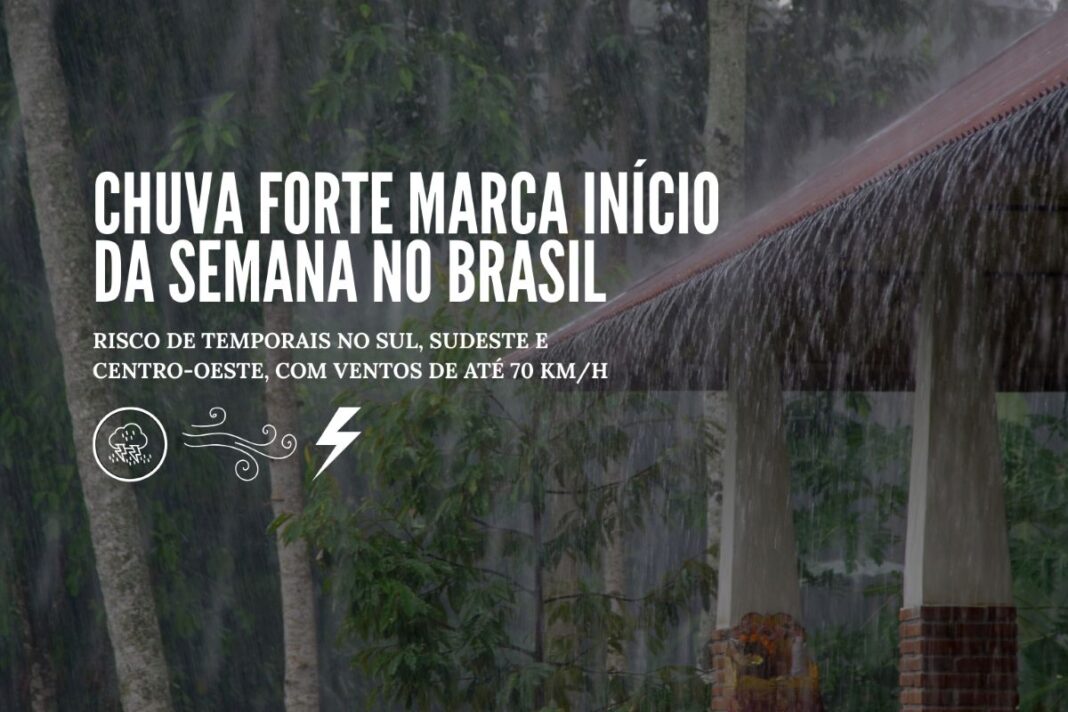 Cobertura de chuva intensa escorrendo pelo telhado durante temporal no Brasil