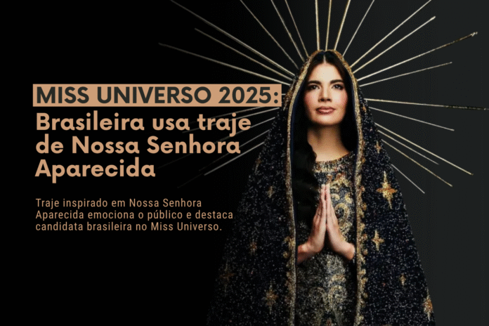 Brasileira no Miss Universo usando traje inspirado em Nossa Senhora Aparecida.