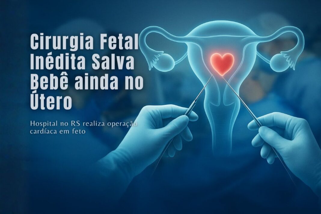 Imagem ilustrativa mostra útero estilizado com coração iluminado durante representação de cirurgia fetal no RS.