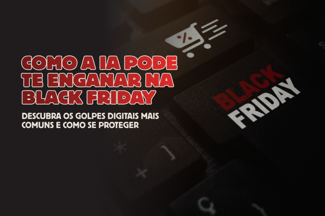 Teclado com botão Black Friday e ícone de carrinho digital, representando golpes com inteligência artificial em promoções online.