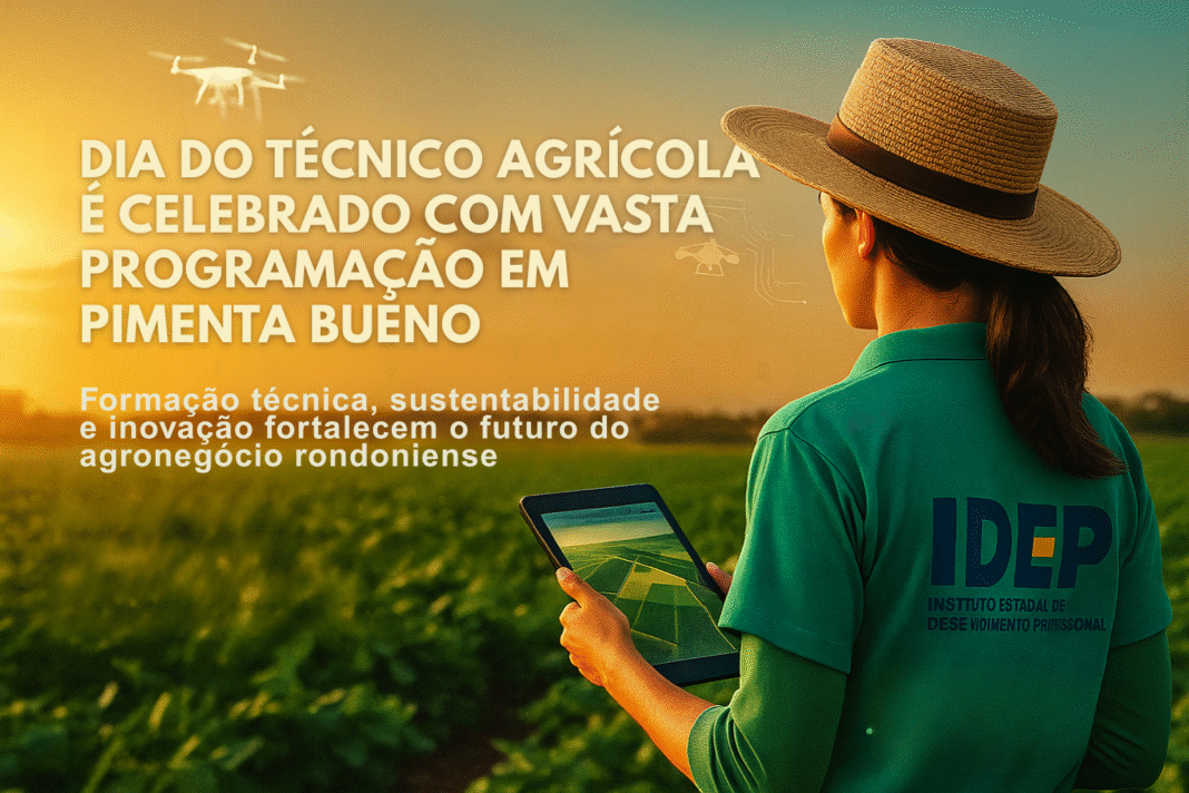Jovem técnica agrícola do Idep observa plantação em Pimenta Bueno com tablet nas mãos durante o pôr do sol, simbolizando formação técnica e sustentabilidade no agronegócio rondoniense.
