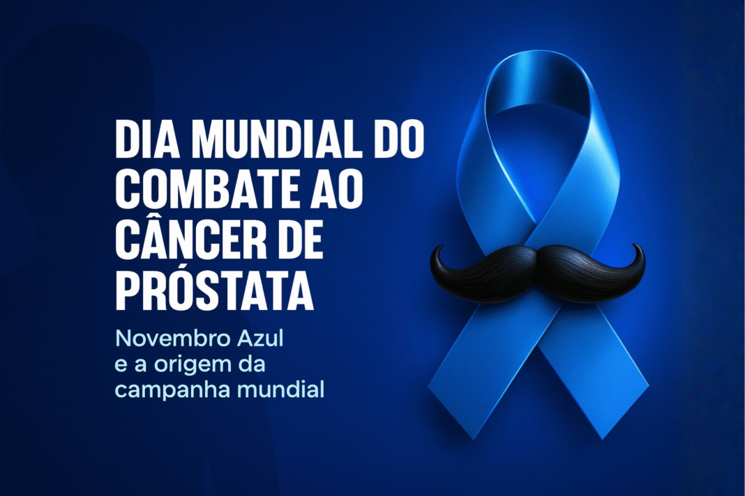 Laço azul com bigode simbolizando o Novembro Azul e o Dia Mundial do Combate ao Câncer de Próstata.