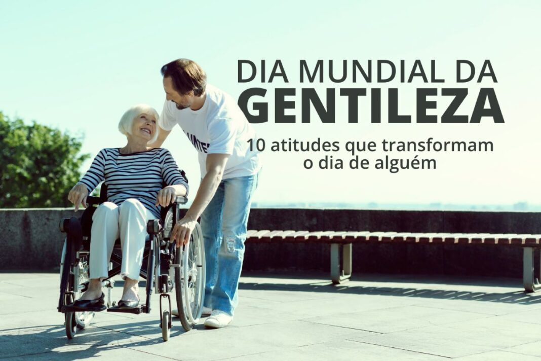 Homem ajudando uma idosa em cadeira de rodas durante um gesto de gentileza