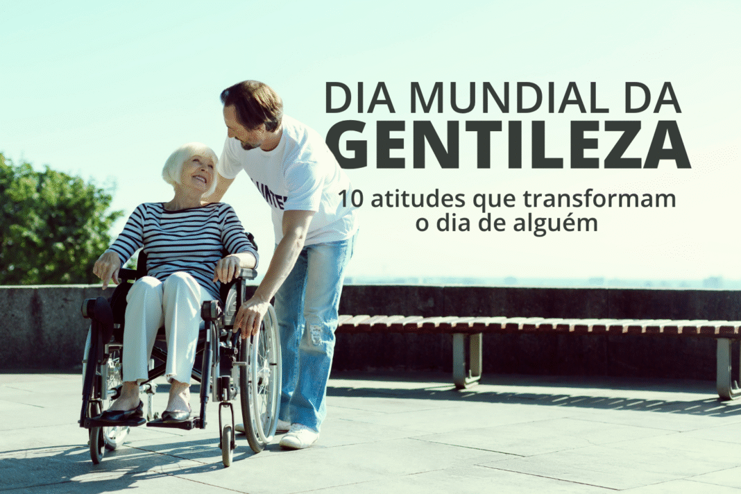 Homem ajudando uma idosa em cadeira de rodas durante um gesto de gentileza