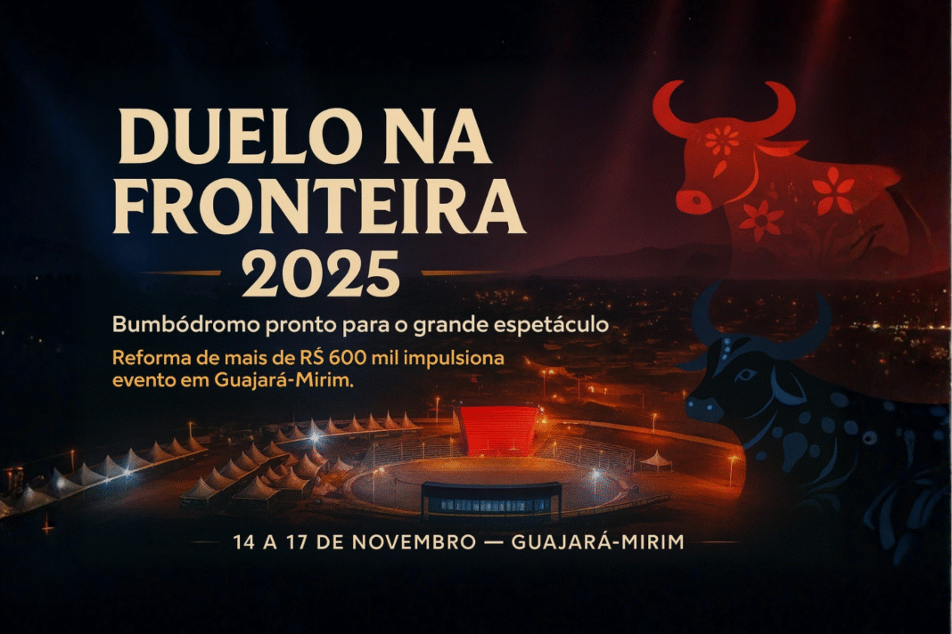 Capa do Duelo na Fronteira 2025 com o Bumbódromo de Guajará-Mirim iluminado à noite e ilustrações dos bois-bumbás.