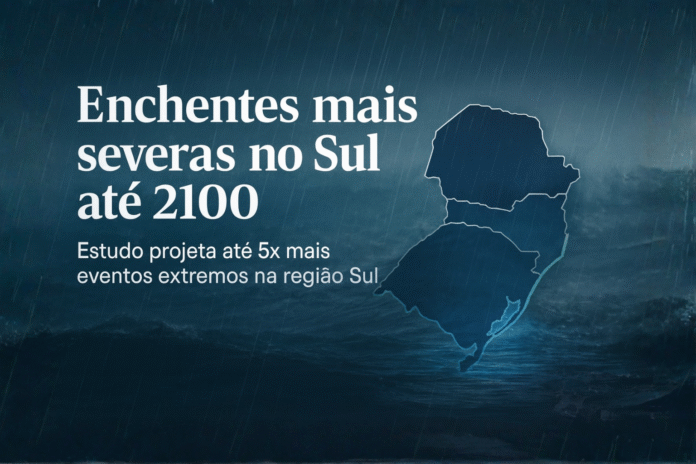 Mapa da região Sul sob chuva intensa com destaque para projeções de enchentes até 2100