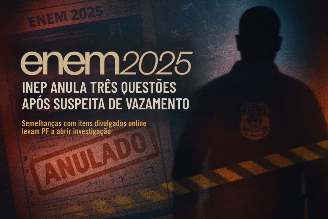 Imagem mostra arte jornalística destacando que o Inep anulou três questões do Enem 2025 após suspeita de vazamento, com fundo de prova marcada como “anulado” e silhueta de agente da PF.