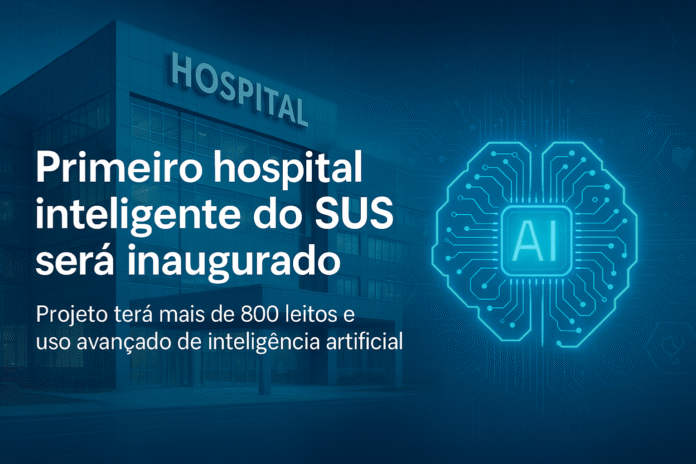 Primeiro hospital inteligente do SUS com mais de 800 leitos, ilustrado com tecnologia de inteligência artificial.